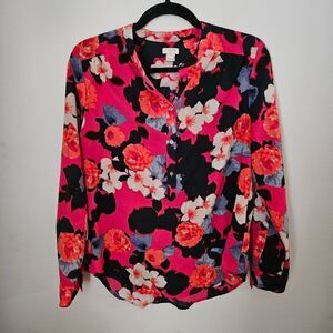 J.Crew Blouse Long Sleeve Floral Pink Purple Black Buttons Business Casual